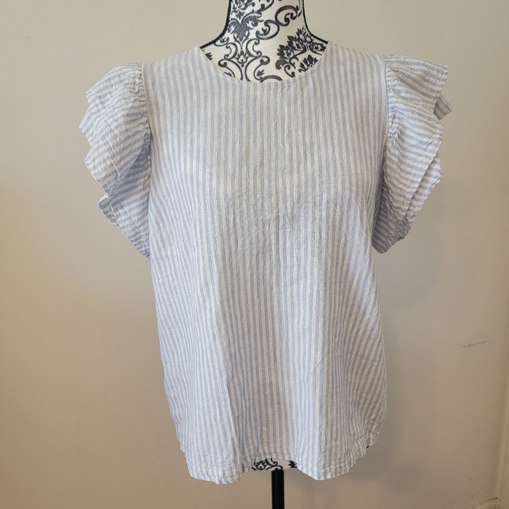 A New Day Woman's Linen Blend Blue and White Striped Blouse L